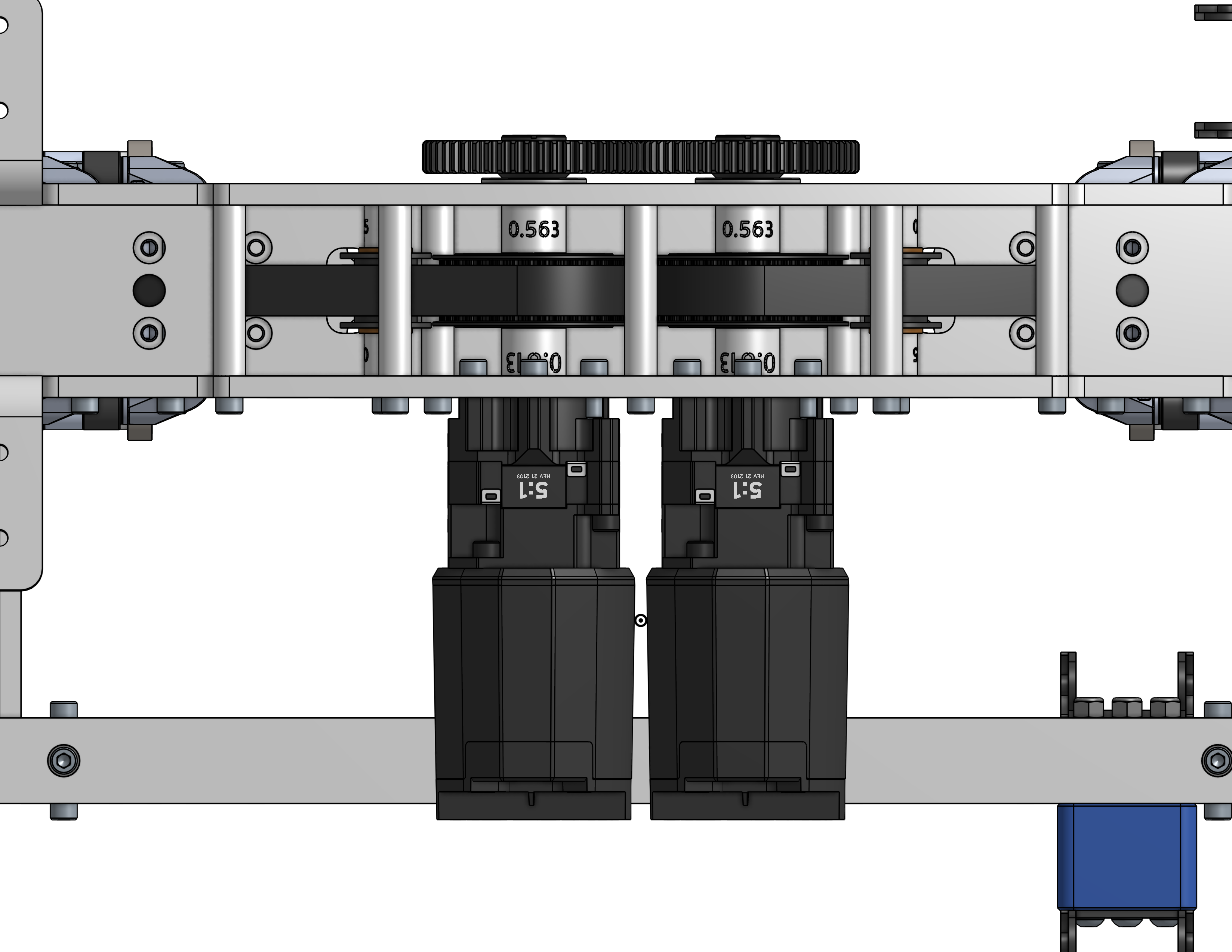 Dual Kraken X60 5:1 gearbox driving 30T HTD pulleys.