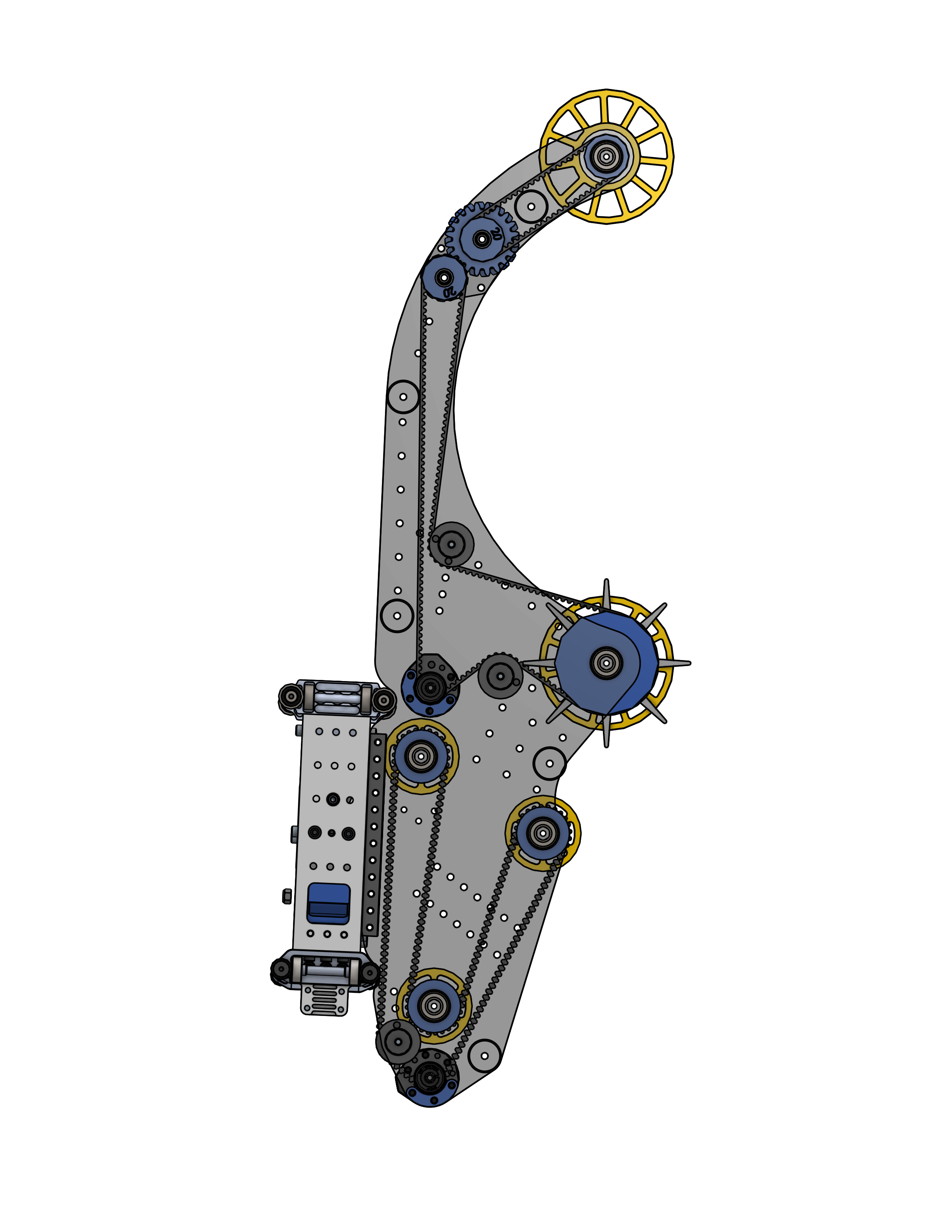 Serpentine belt routing across intake rollers and upper scoring wheels.