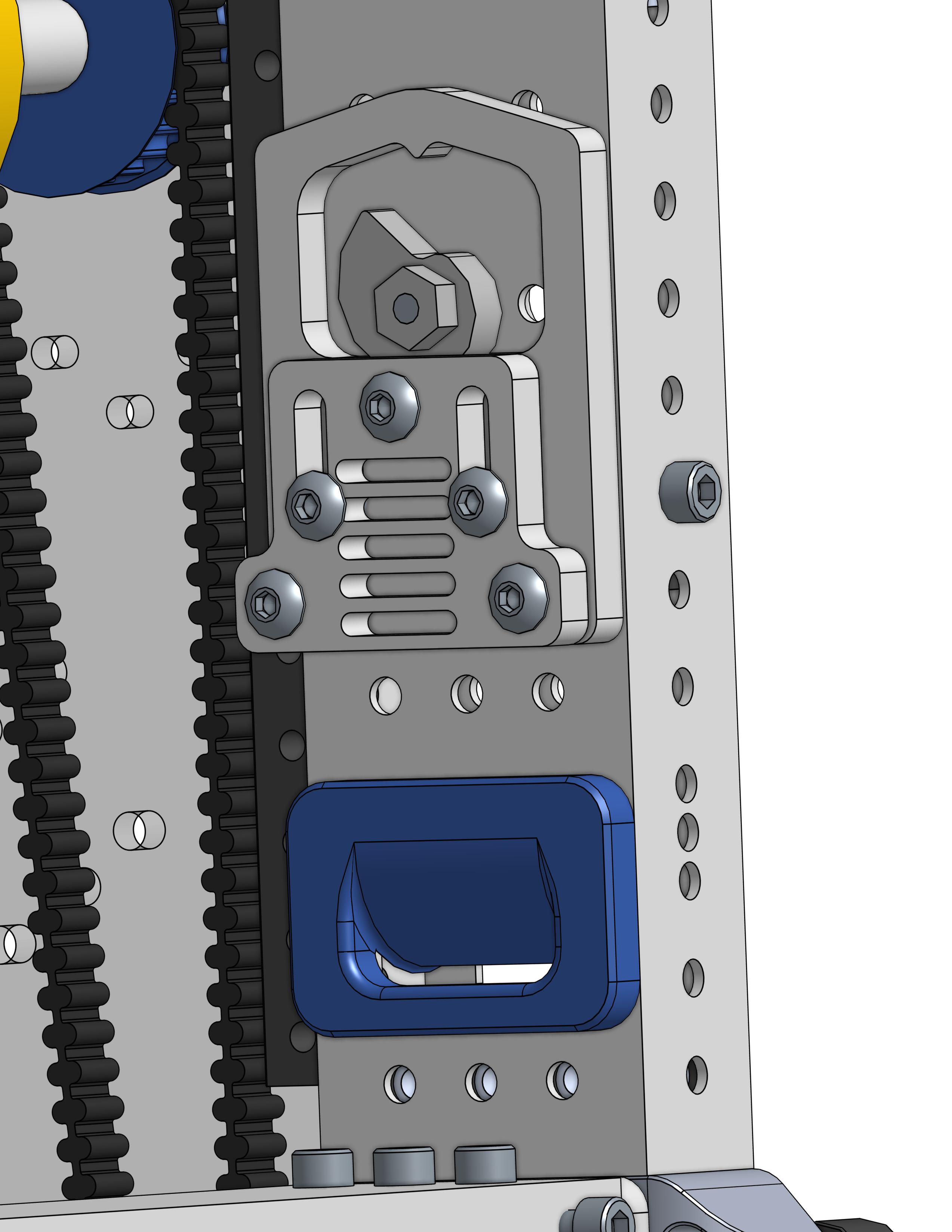 Cam-based belt clamp tensioner used for rapid serviceability and consistent belt preload.