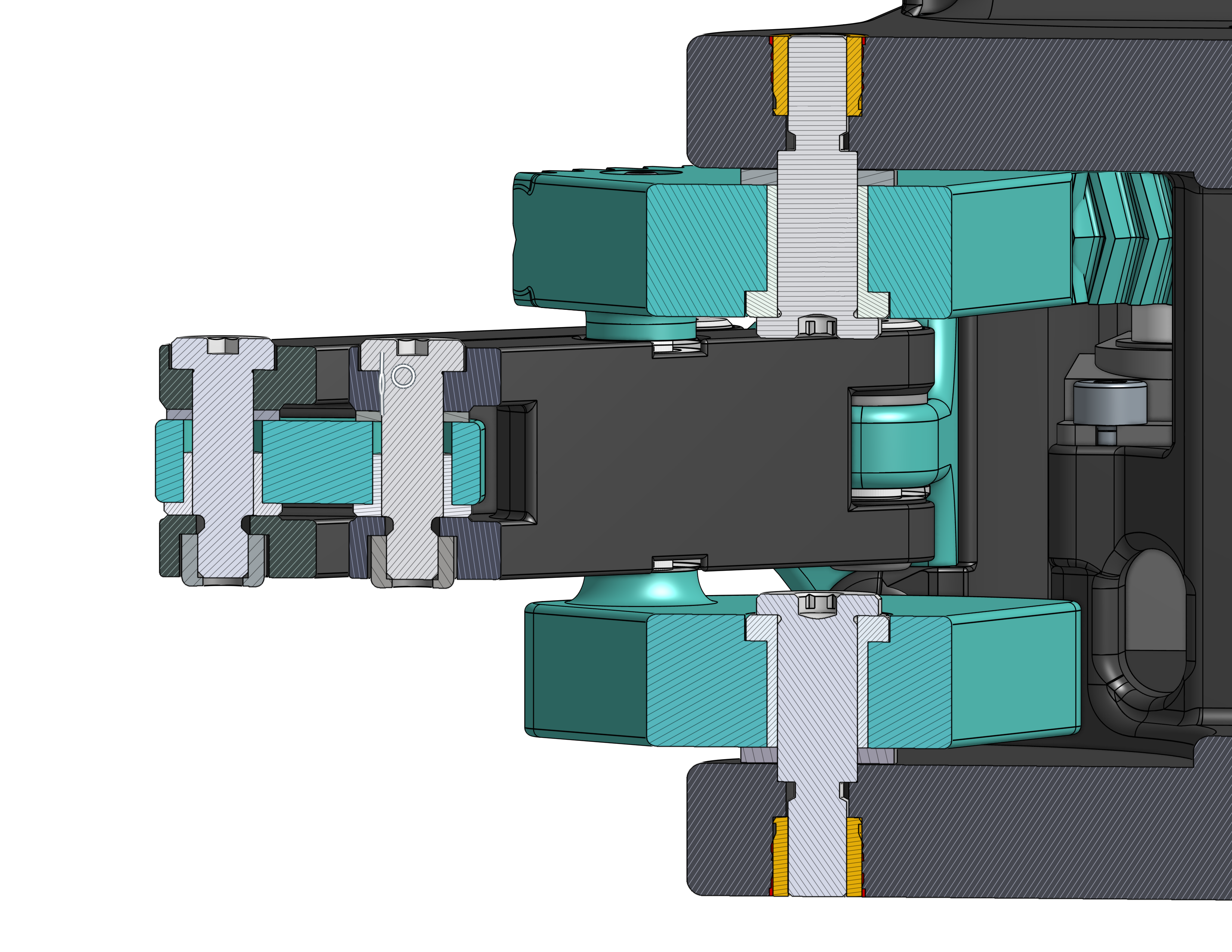 Linkage section view showing shoulder bolts, bushings, and thrust bearings in the axle stackup.