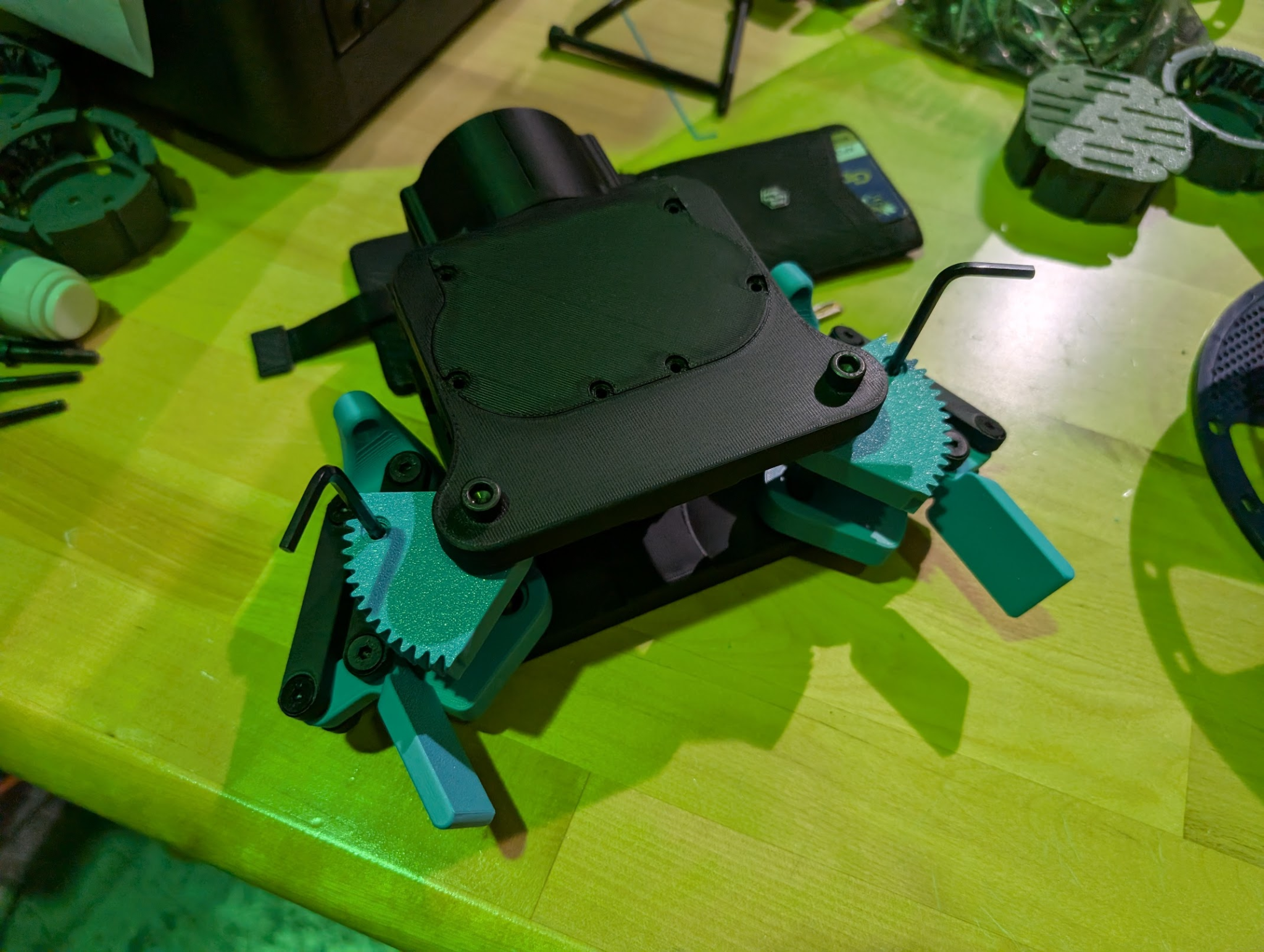 Early 3D-printed prototype parts (mock assembly).