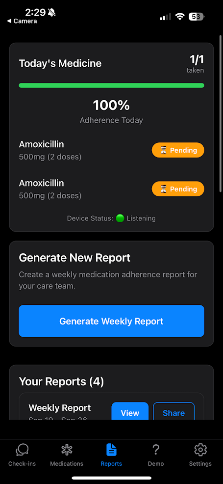 Mobile app UI for adherence tracking and report generation.