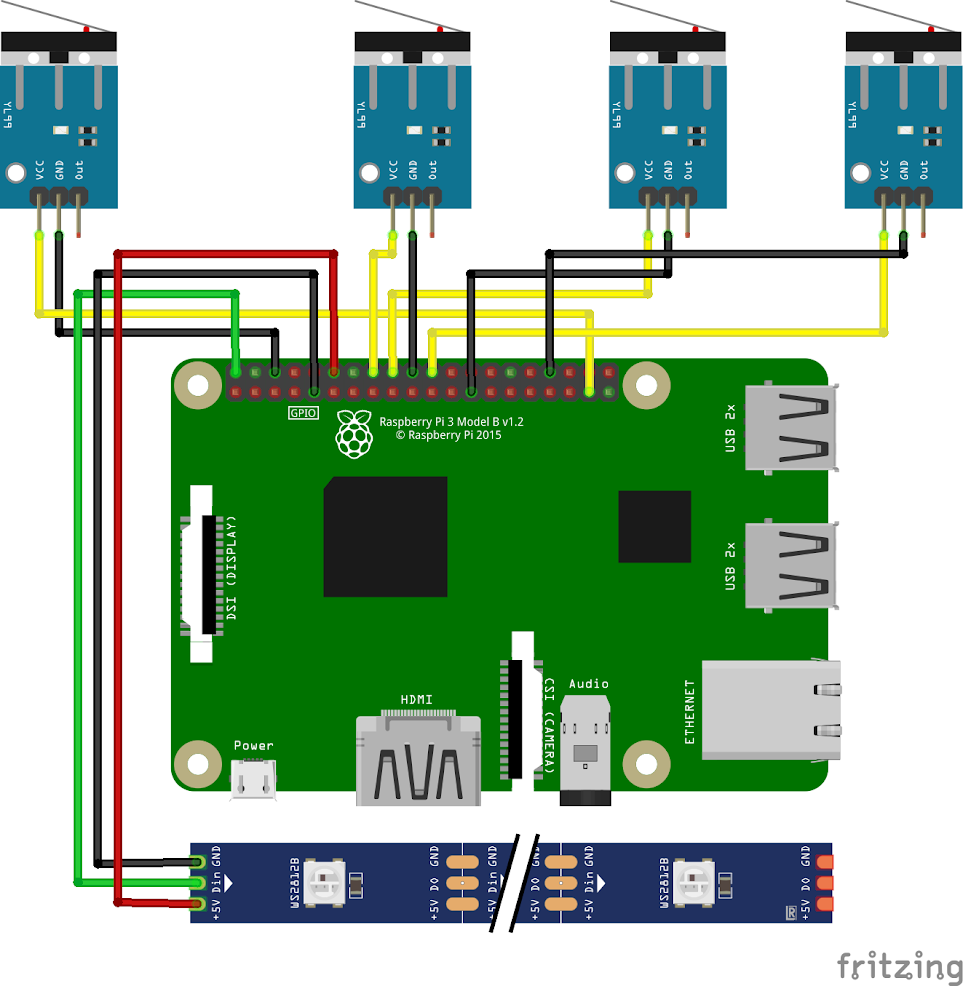 Fritzing diagram showing LED ring + four switch wiring to Raspberry Pi.