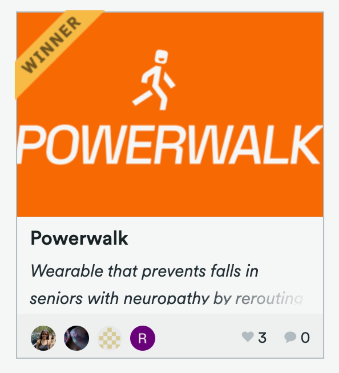 Devpost card for PowerWalk with a winner ribbon.