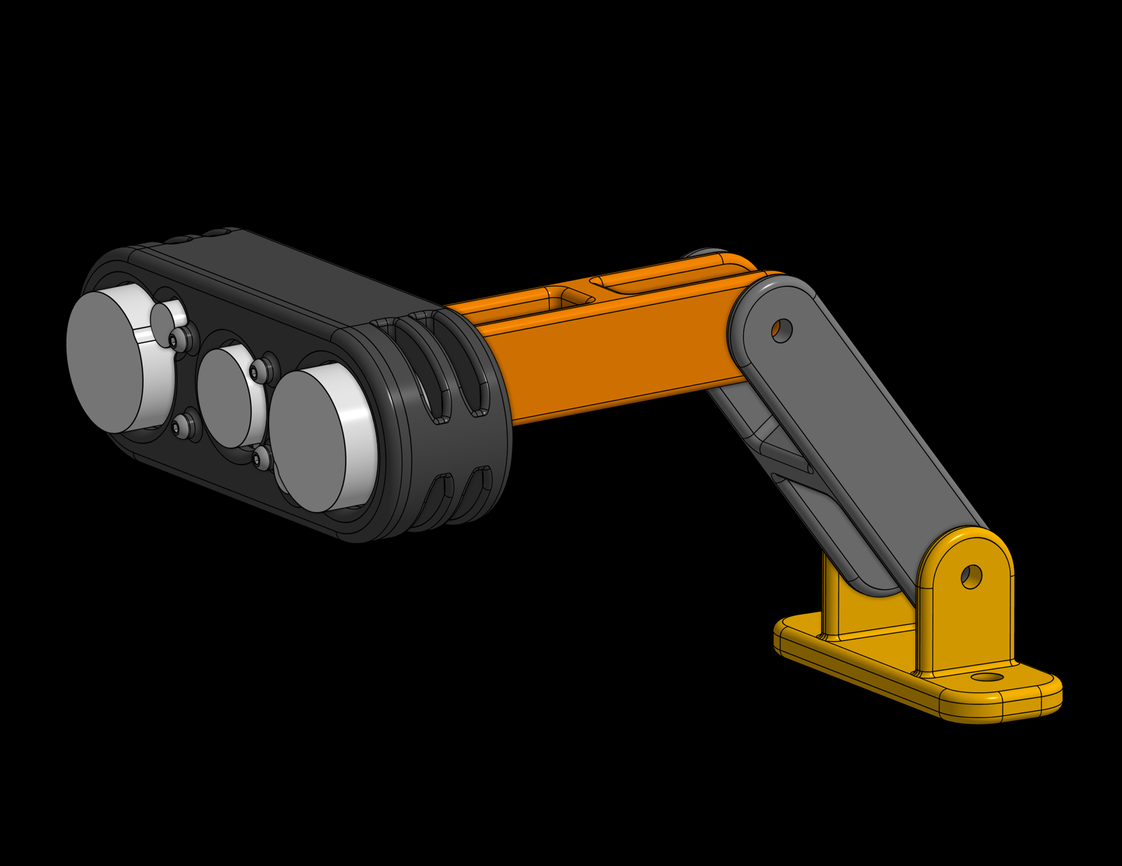 CAD render of an articulated camera mount: a multi-joint arm positioning a compact camera head relative to a fixed base.