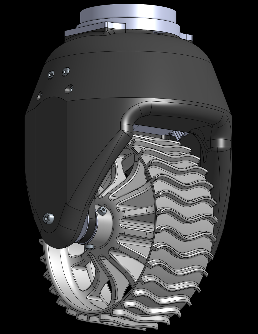 Close CAD render of one drive module: housing, wheel with rollers, and fasteners.
